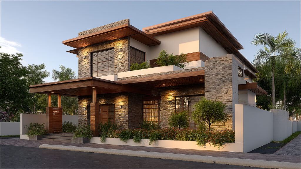 A 3D architectural rendering of a luxury two-story house with natural stone accents and modern minimalist styling
