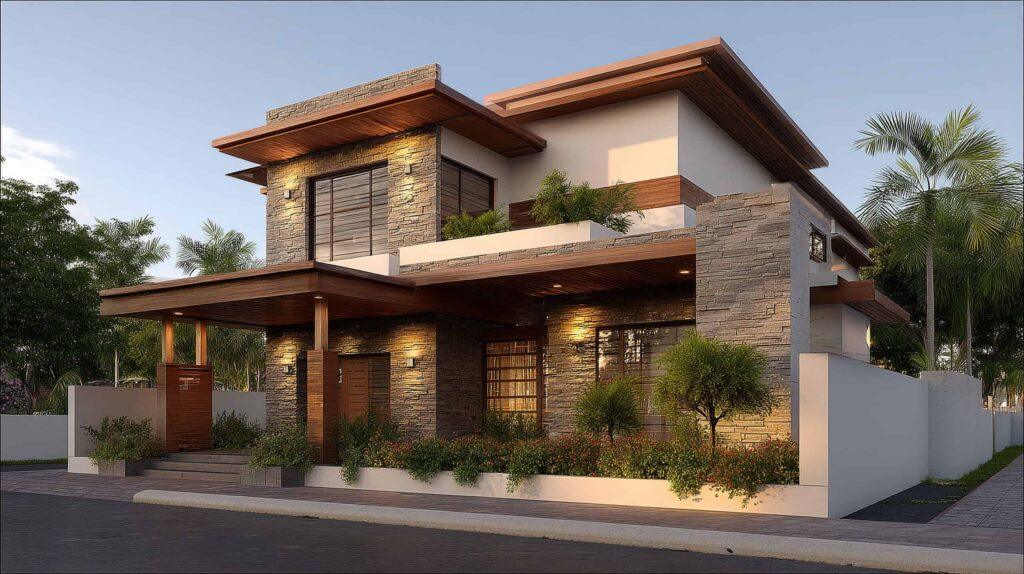 Contemporary two-story villa with natural stone accents and lush landscaping.
